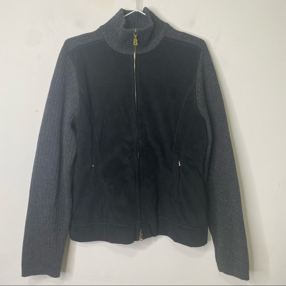 Bogner Black/Charcoal Virgin Wool & Suede Knit Full Zip Jacket Size large 12